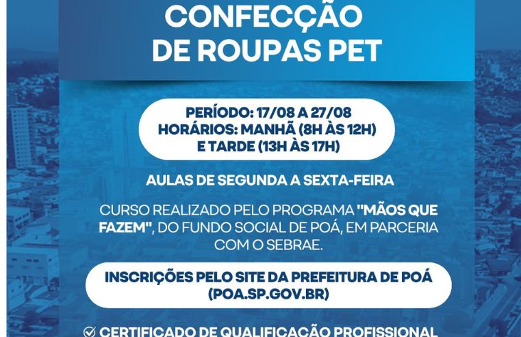 Confecção de roupas pet rende curso gratuito em Poá
